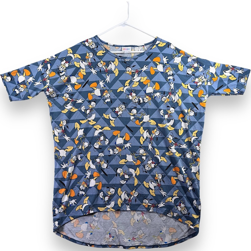 Lularoe Disney Donald Duck Blue Geometric Irma Top Womens Large Short Sleeve